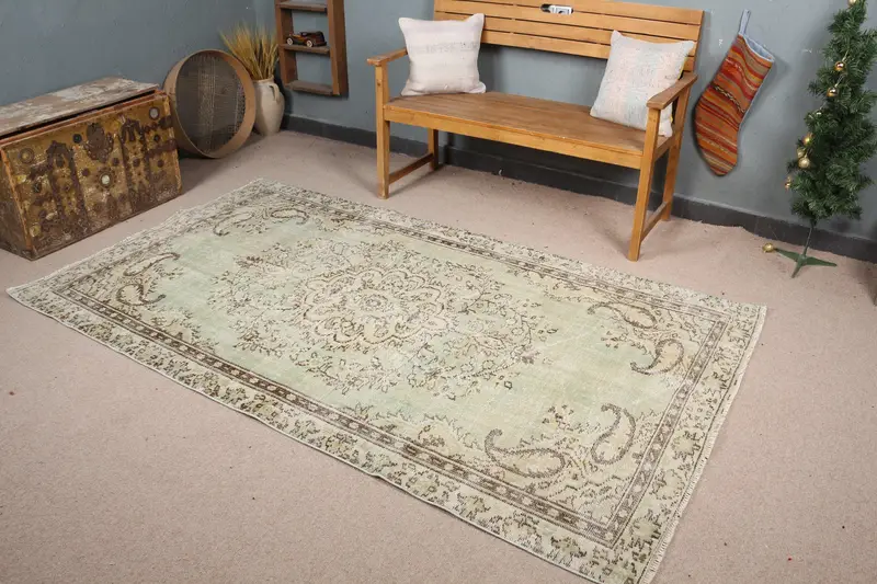 4.6x7.8 ft Vintage Oushak Halı, Türk Halısı, Yeşil Soyut Yün Halı - 1