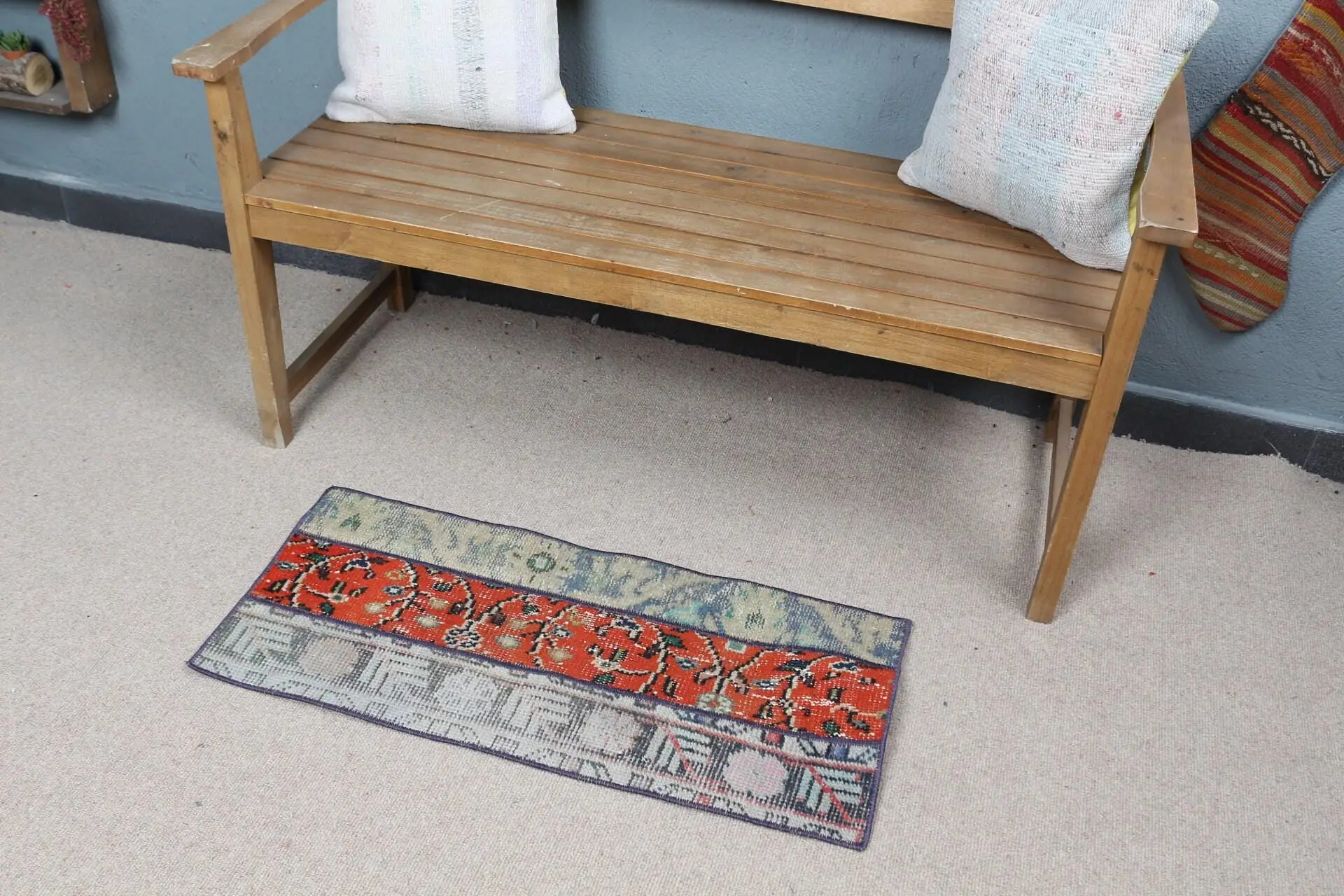 Rug, 1.3x2.9 ft Vintage Rug, Red Ikat Rug Wool - 1
