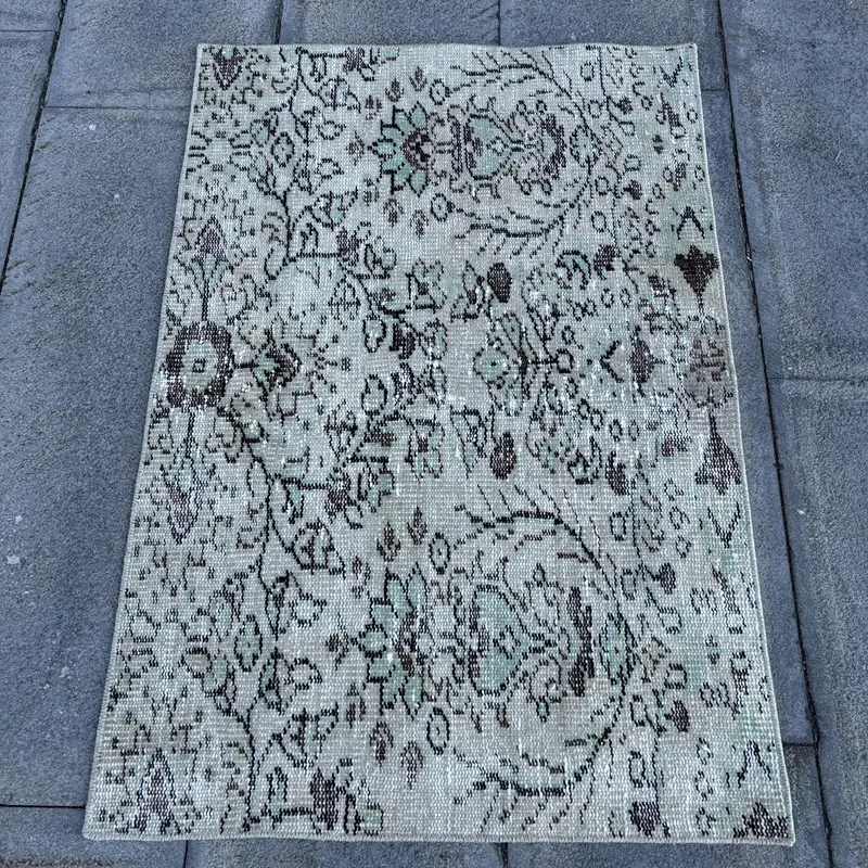 Vintage Small Rug 2.2x3.2 ft (67x97 cm), Oushak Gray Camouflage Turkish Rug - 1
