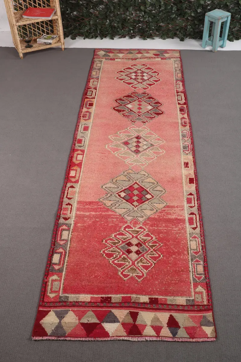 Türk Vintage Halı, 3.1x10.5 ft Herki Halı, Pembe Yolluk Paisley Halı - 1