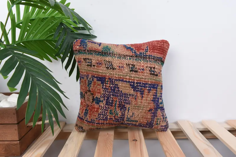 Turkish Pillow, Ethnical Kilim Rug Pillow, Kilim Cushion Sham, 12x12 Red Pillow Cover, Decorative Bolster Pillow, Cushion Cover - 1