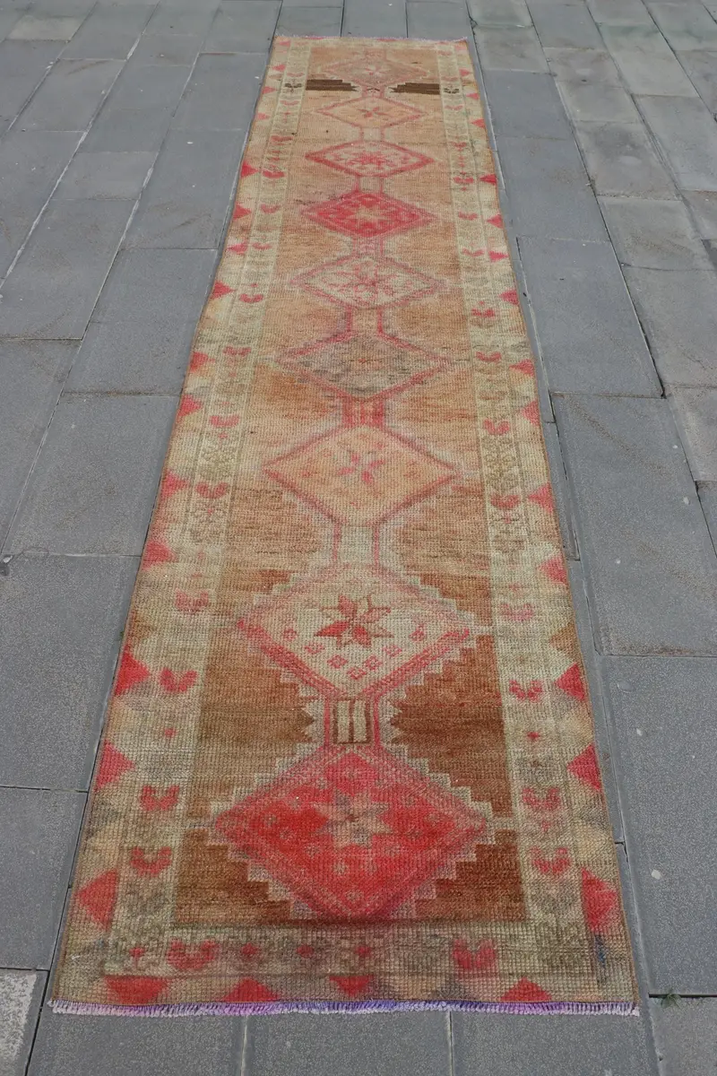 2.9x12.7 ft Vintage Turkish Rug, Runner Rug, Herki Red Wool Rug - 1