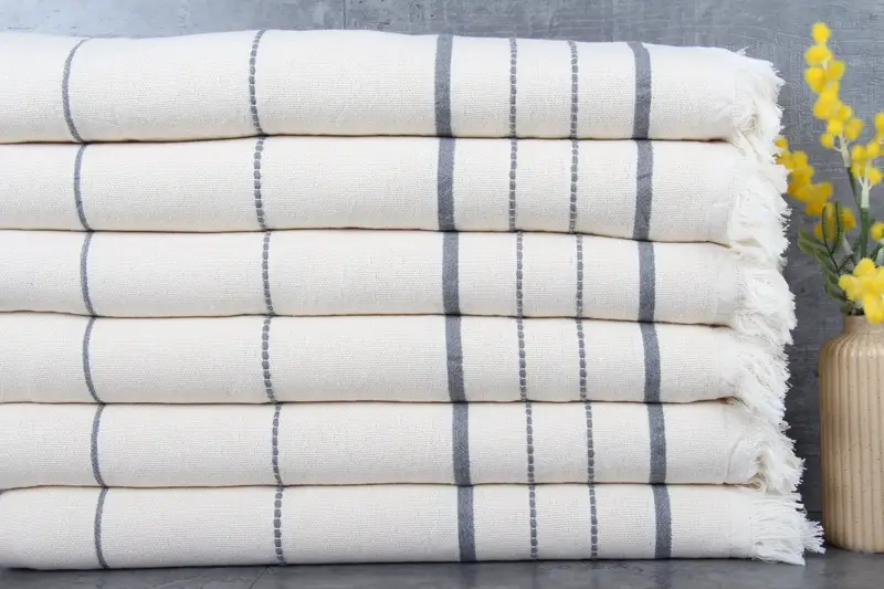 Turkish Bath Towel Geometric Peshtemal Cream and Gray, 40x71 Inches