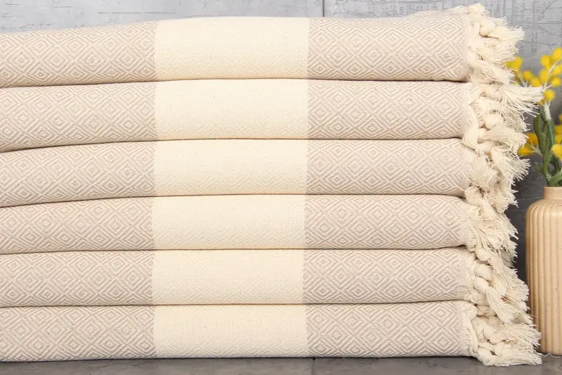 Monogram Beach Towel Turkish Cotton Beige Diamond Pattern, 40x71 Inches