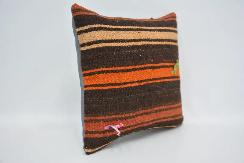 Boho Chic Pillow Case, Pillow for Couch, 14x14 Orange Cushion, Ethnical Kilim Rug Pillow, Cushion Case, Throw Kilim Pillow - 3