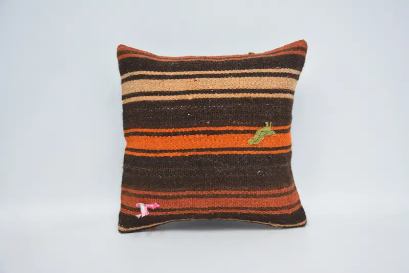 Boho Chic Pillow Case, Pillow for Couch, 14x14 Orange Cushion, Ethnical Kilim Rug Pillow, Cushion Case, Throw Kilim Pillow - 1
