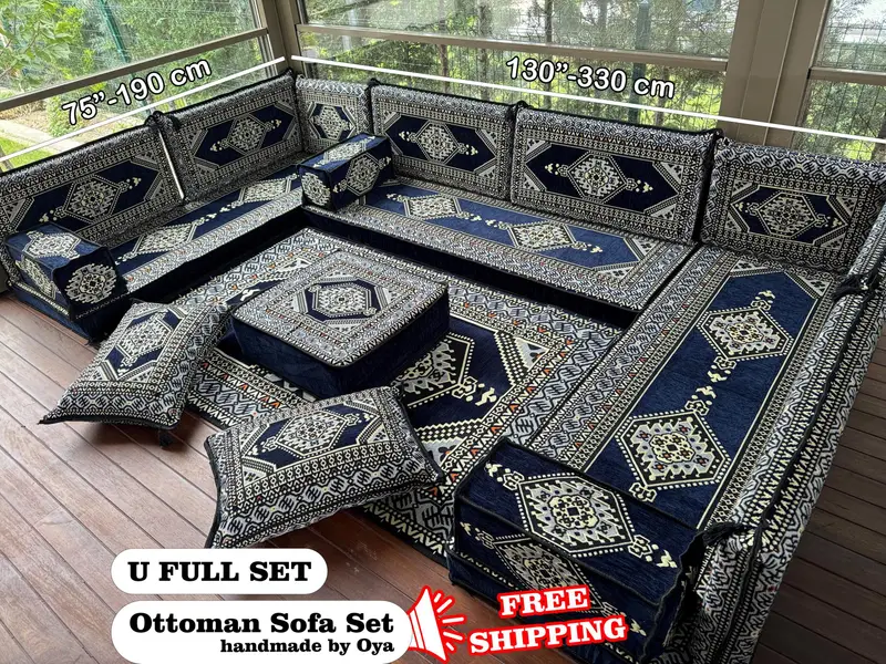 Bohemian Blue & Beige Kilim Ottoman, Modular U-Shape Seating Ottoman