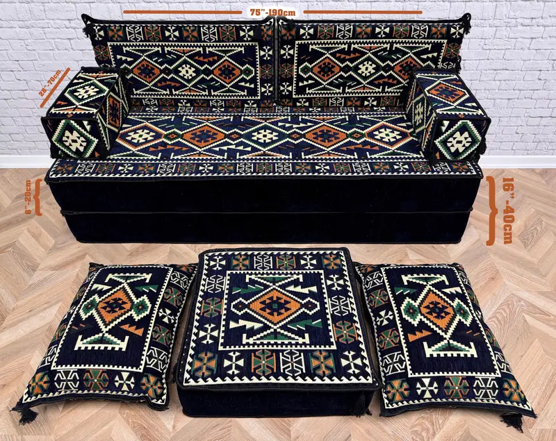 Modüler Mavi & Siyah Osmanlı Koltuk Takımı, Kilim Esintili Osmanlı