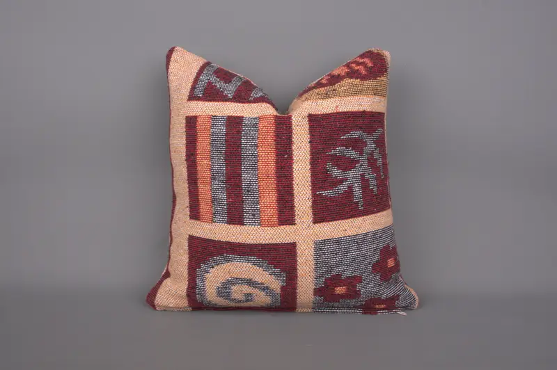 Throw Kilim Pillow, Chair Cushion, 18x18 Orange Pillow, Vintage Pillow, Boho Pillow Sham Cover, Wool Kilim Pillow Pillow Sham, Pillow Cover - 7