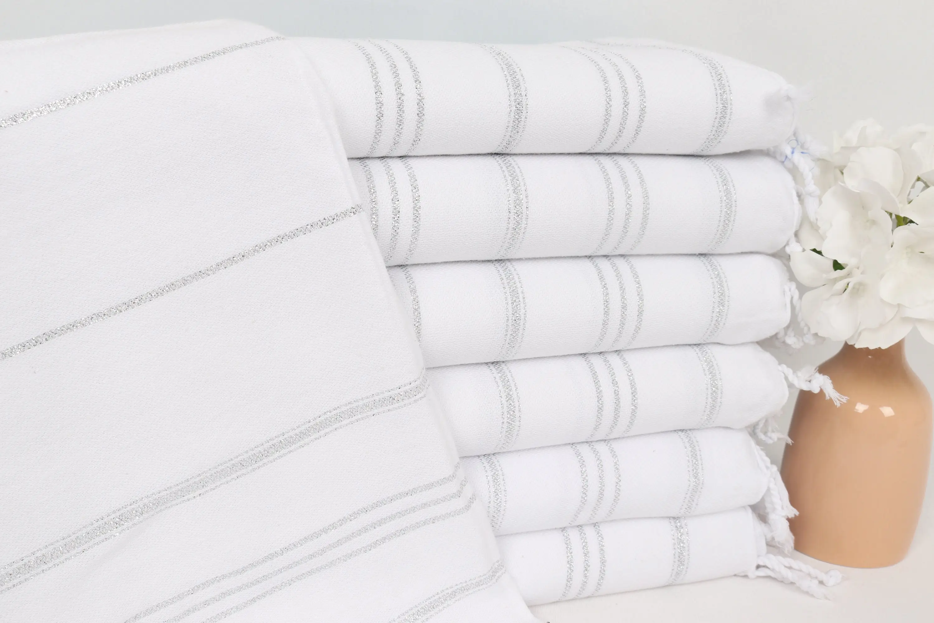 Striped Hand Towel Monogram Kitchen Towel Gray Silvery Cotton, 24x40 Inches - 1