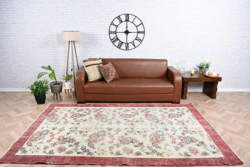 Türk 5.7x8.9 ft Halı, Büyük Vintage Halı, Kırmızı Beyaz Soyut Halı - 1