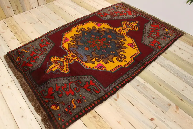 Vintage Rug, 4x6.4 ft Area Turkish Rug, Oushak Red Yellow Striped Rug - 1