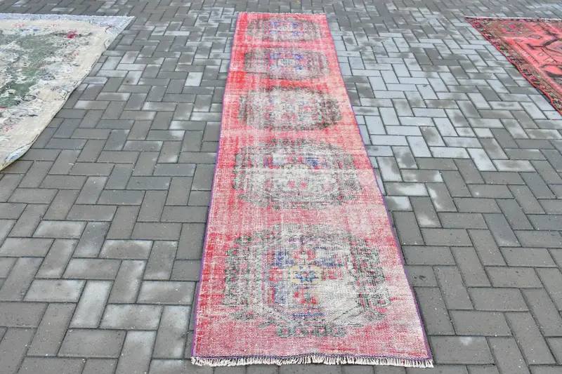 Turkish 2.6x10.6 ft Rug, Runner Vintage Rug, Red Blue Floral Wool Rug - 1