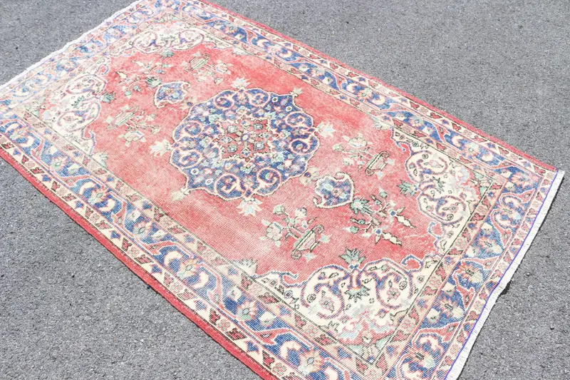 3.9x6.5 ft Vintage Alan Halısı, Kırmızı Mavi Türk Yün Halısı - 1