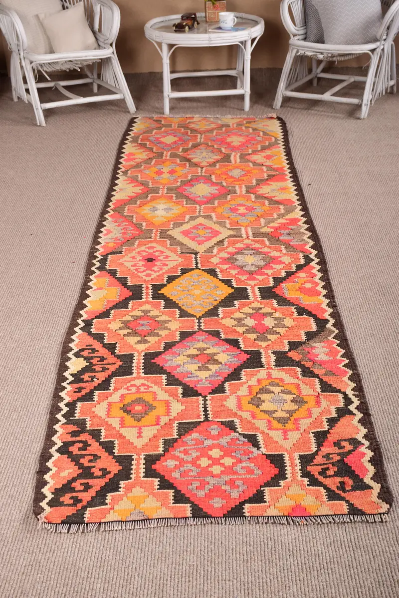 2.9x10.7 ft Vintage Halı, Türk Yolluk Halısı, Turuncu Katı Yün Halı - 1