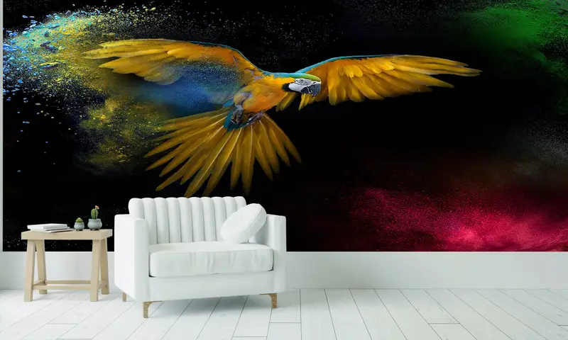 Lebendige gelbe Papageien-Tapete: Modernes, farbenfrohes bedrucktes Dekor