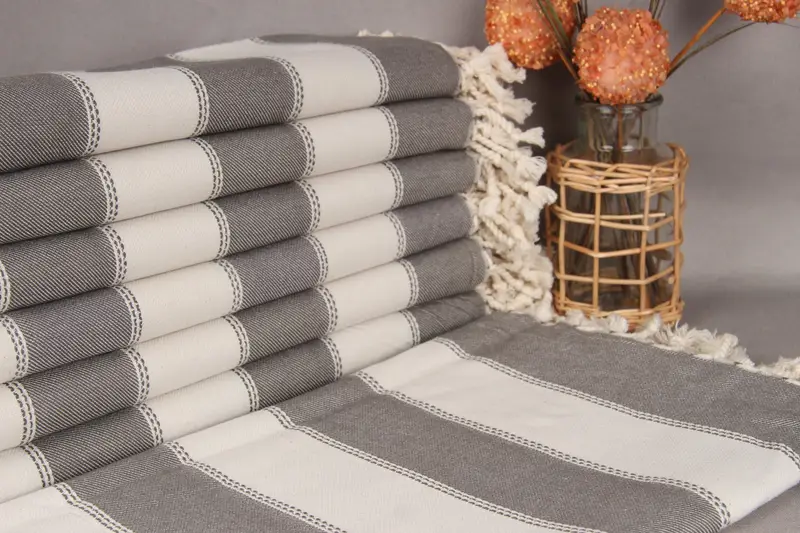 Turkish Beach Towel Dark Gray-Light Gray Stripes, Organic Cotton, 36x65 Inches