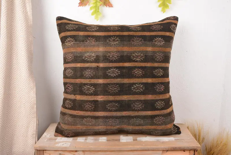 Brown, beige striped throw pillow, handmade embroidered linen pillow