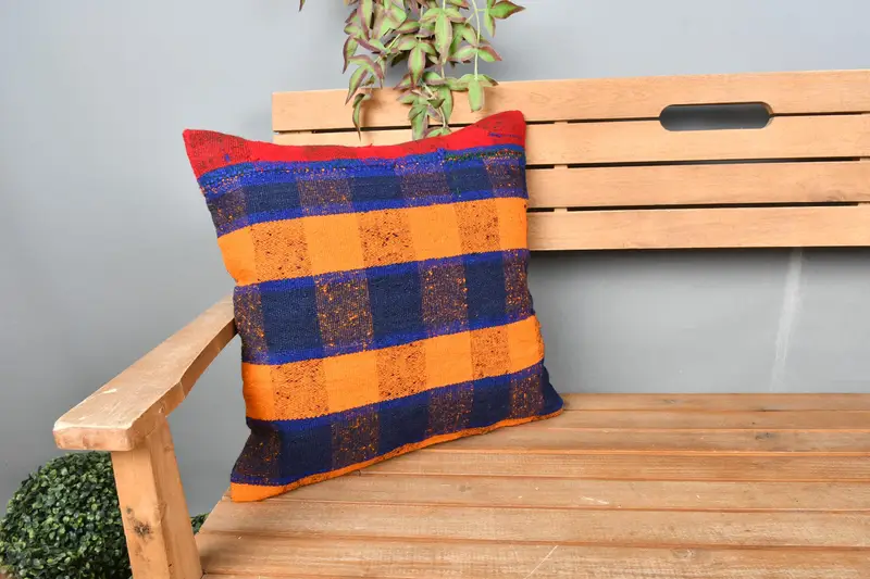 Handmade Kilim Cushion, Retro Throw Pillow, Cushion Case, 18x18 Orange Cushion Cover, Sustainable Pillow, Boho Pillow, Vintage Kilim Pillow - 1