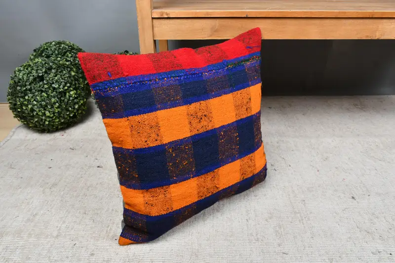 Handmade Kilim Cushion, Retro Throw Pillow, Cushion Case, 18x18 Orange Cushion Cover, Sustainable Pillow, Boho Pillow, Vintage Kilim Pillow - 7