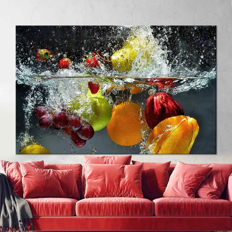 Cuadro de cocina Trendy Fruits Splash: impresión artística de frutas coloridas