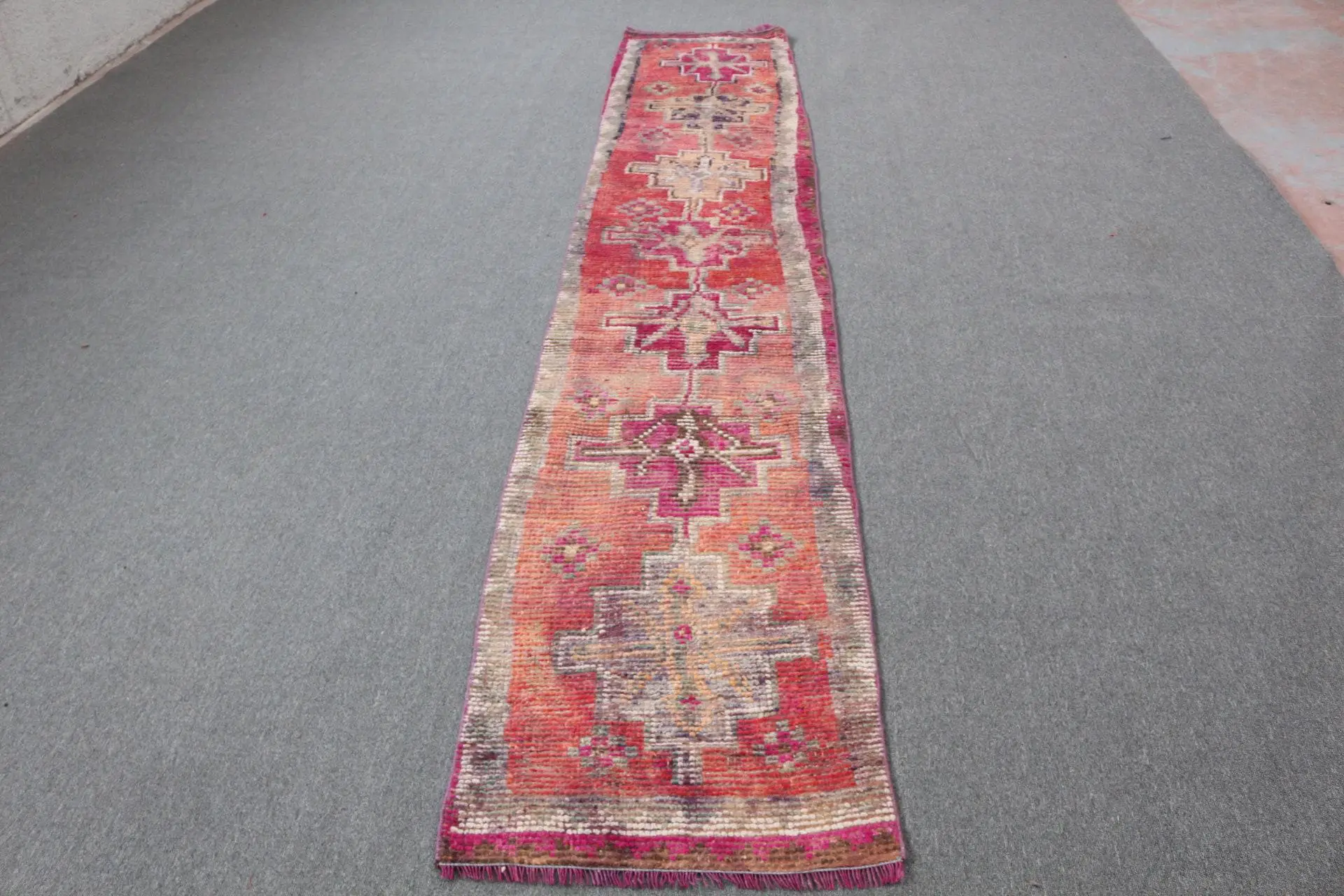 2.1x11.5 ft Vintage Rug, Turkish Runner Rug, Red Pink Moroccan Wool Rug - 1