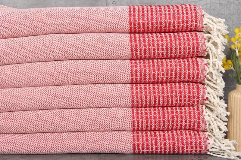 Turkish Beach Towel Red Striped Organic Cotton, 36x69 Inches