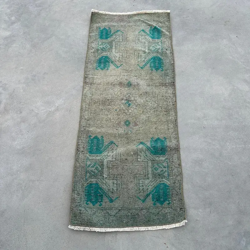Turkish Vintage Rug, 1.4x3.6 ft Oushak Rug, Gray Blue Plants & trees Rug - 1