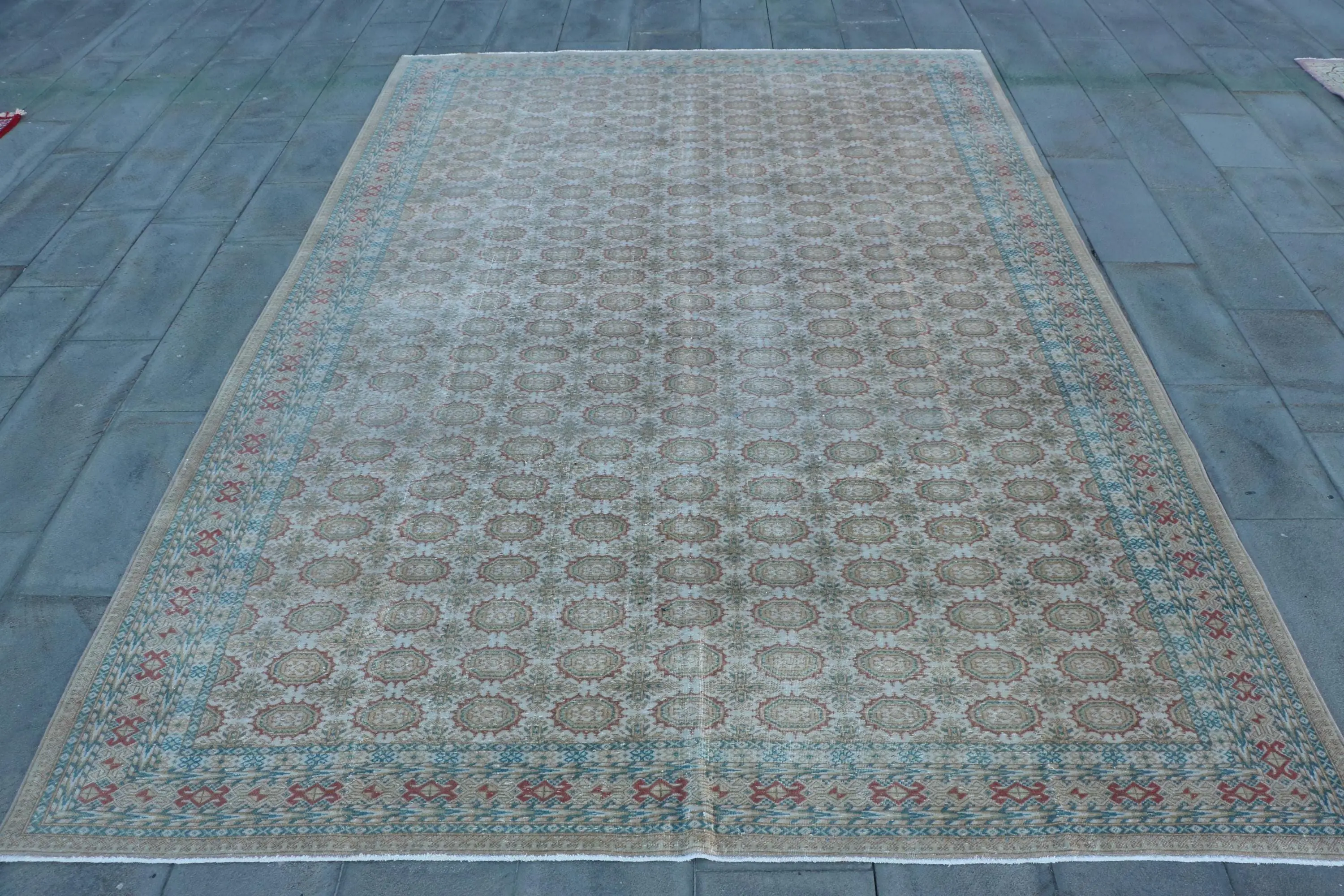 Handmade Beige & Blue Geometric Rug, Traditional Style Rug - 1