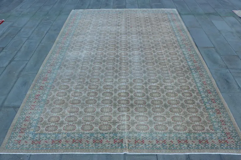 Alfombra geométrica beige y azul hecha a mano, alfombra de estilo tradicional