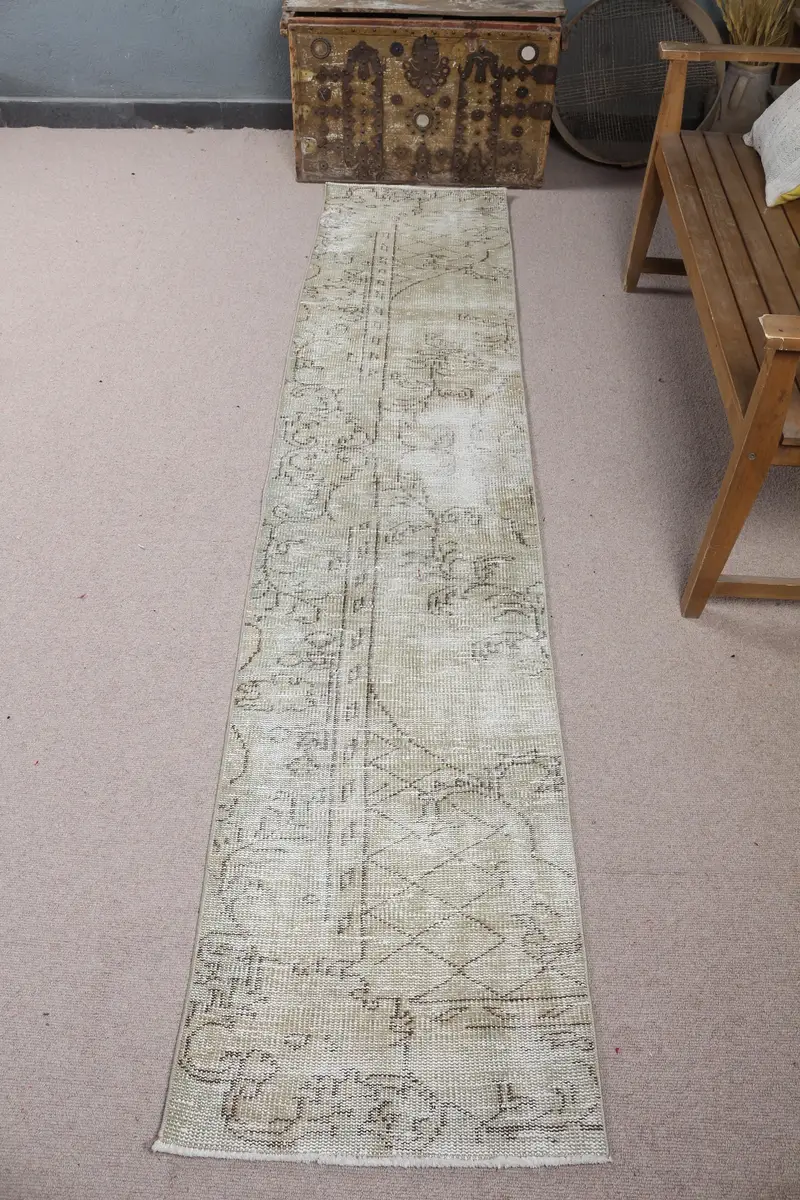 1.9x9 ft Halı, Vintage Türk Halısı, Gri Oushak Yün Halı - 1