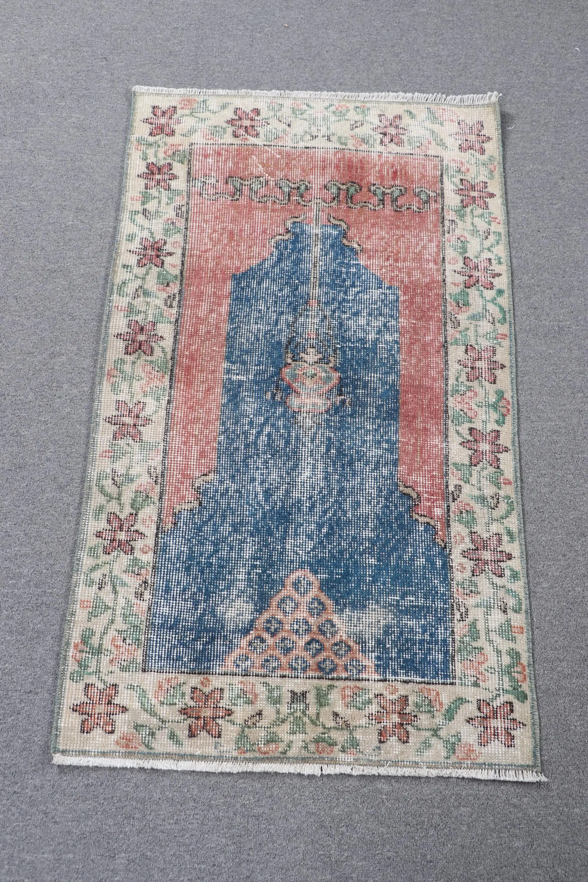 2.1x3.8 ft Turkish Vintage Rug, Small Rug, Blue Red Animal Print Wool Rug - 1