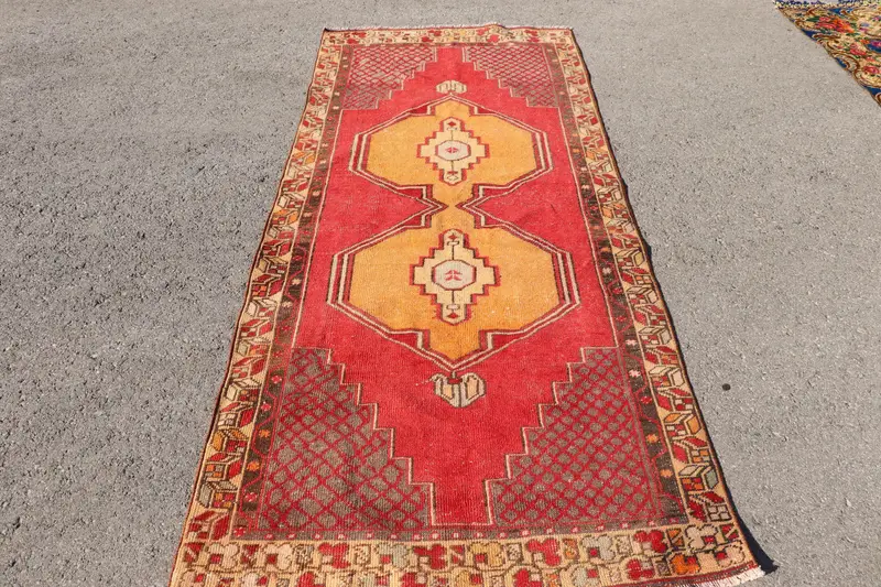 Turkish 3.6x8.7 ft Rug, Vintage Area Rug, Red Plants & trees Rug - 1