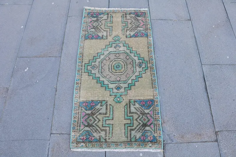 Vintage Turkish Rug, Small 1.6x3.2 ft (49x98 cm) Rug, Blue Polka dot Wool Rug - 1