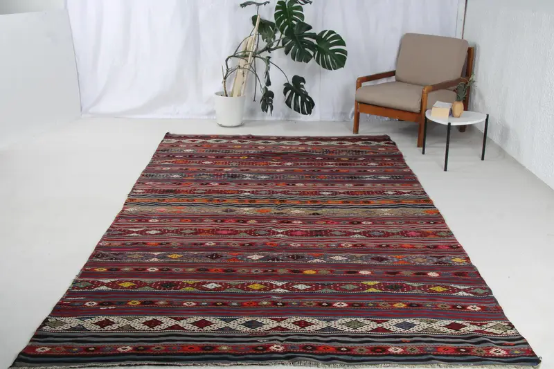 Vintage 6.3x11.3 ft Rug, Oversize Turkish Rug, Red Blue Camouflage Wool Rug - 1
