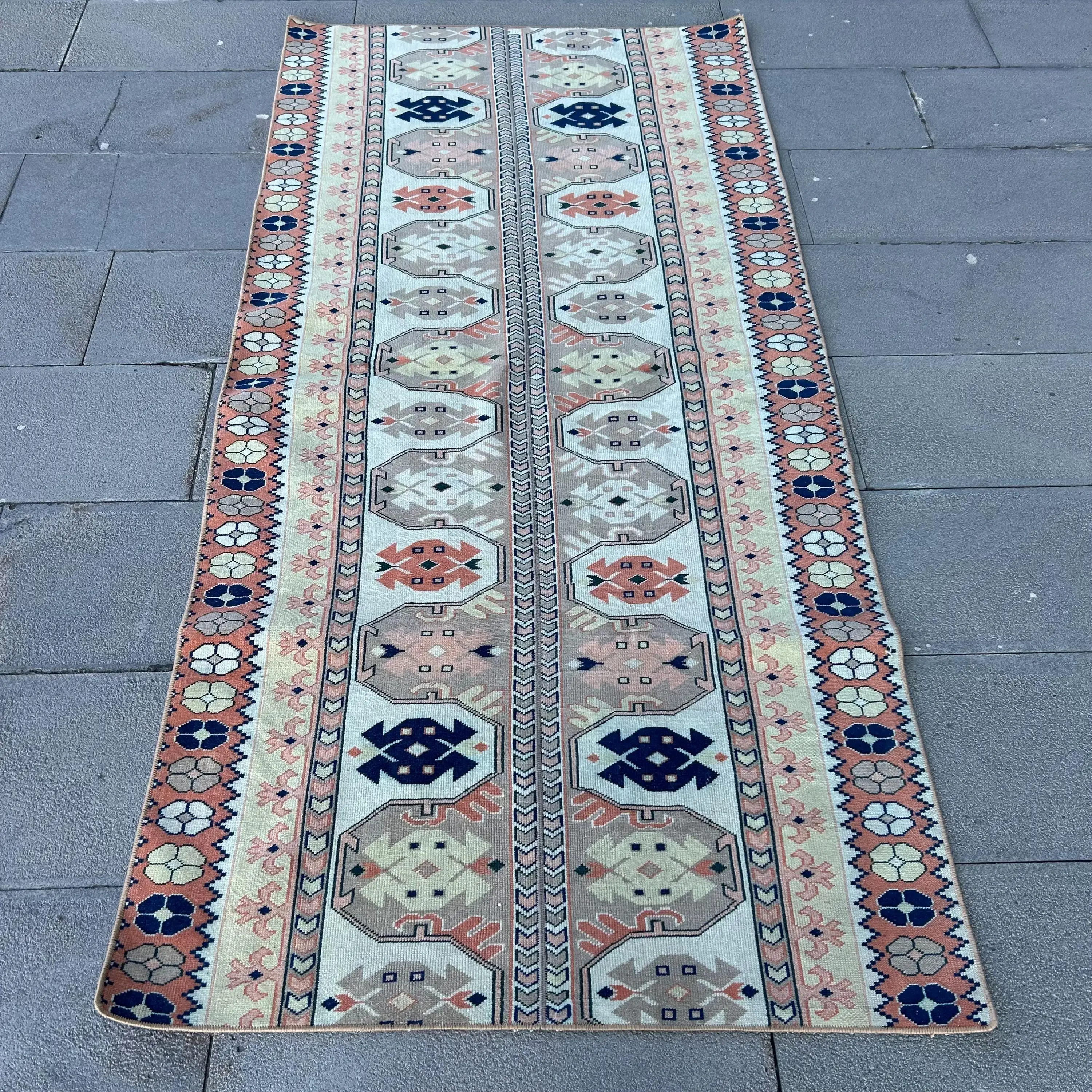 Alfombra vintage 3,3x7,1 pies (101x216 cm), alfombra turca abstracta azul - 1