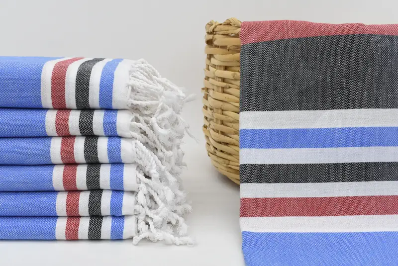 Blue-Black-Red Striped Turkish Bath Towel, 70x40 Inches