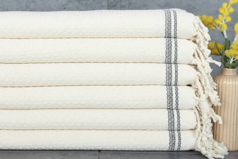 Striped Tea Towel Cotton Black and Beige, Personalized, 18x38 Inches