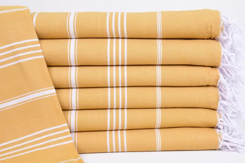 Mustard Striped Turkish Cotton Towel, Bath Towel, Beige, 70x40 Inches
