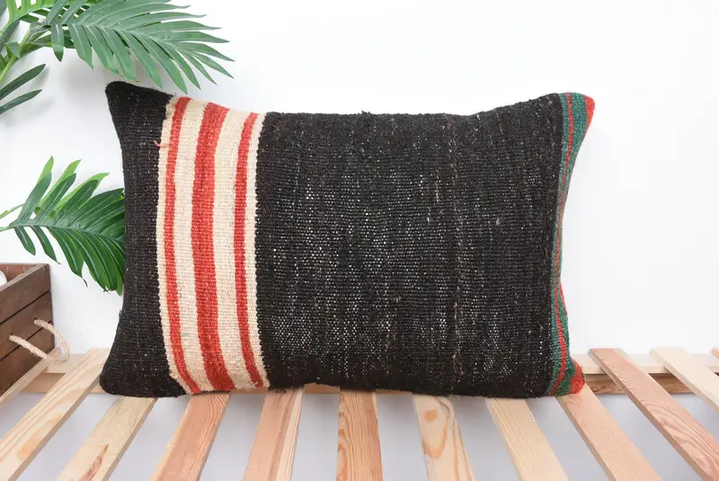 Braun & Rot gestreiftes Kissen, handgefertigtes besticktes Leinenkissen