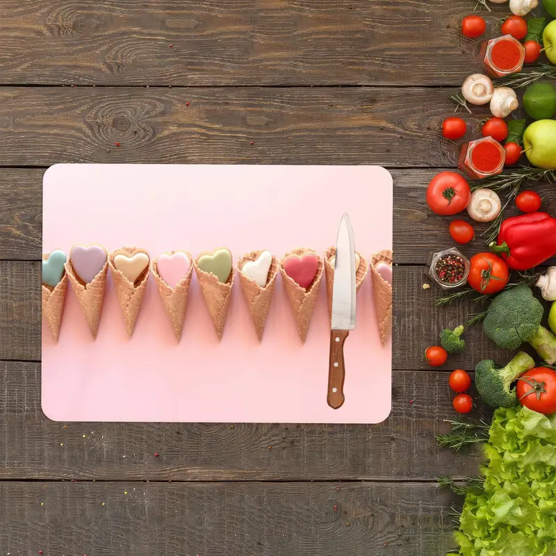 ハート型ガラスまな板 ピンクアイスクリームデザイン