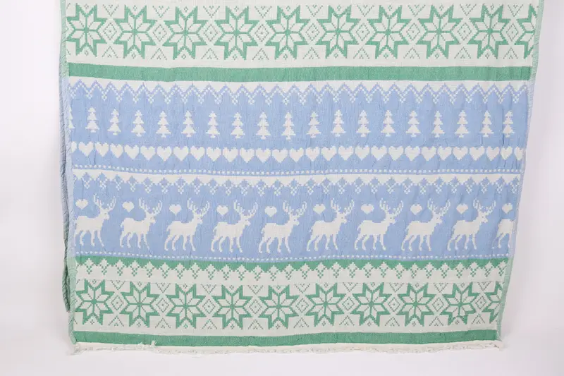 Turkish Beach Towel Embroidered Green-Blue Deer Patterned, 38x75 Inches