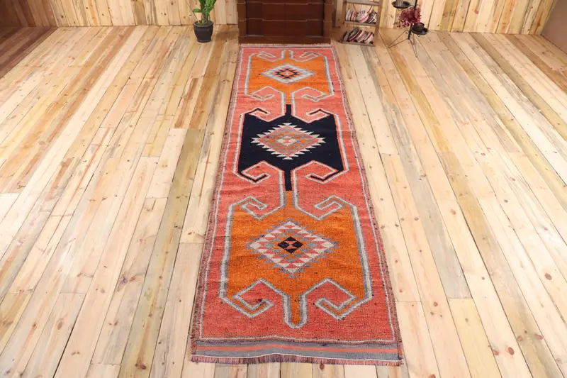 3.2x11.5 ft Herki Vintage Halı, Kırmızı Patchwork Türk Halısı Yün - 1