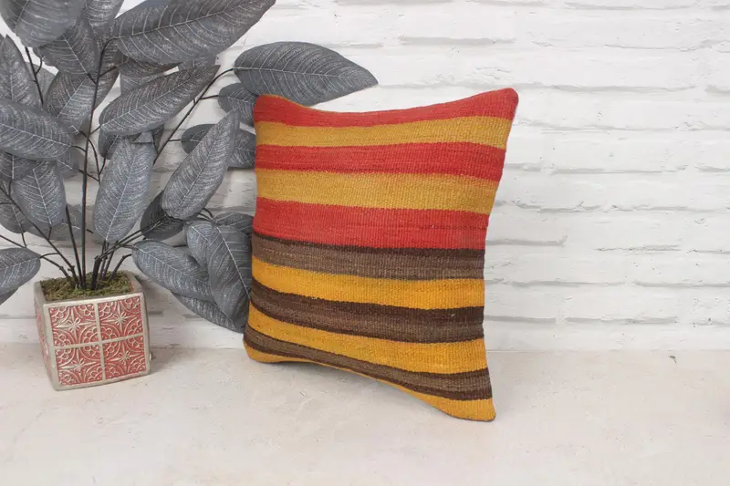 Pillow Sham, Tapestry Cushion Case, Kilim Pillow, 14x14 Yellow Cushion Cover, Vintage Pillow, Handwoven Cushion Cover, Home Decor Pillow - 4