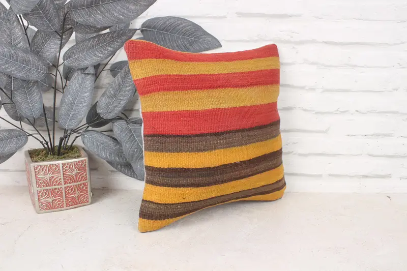 Pillow Sham, Tapestry Cushion Case, Kilim Pillow, 14x14 Yellow Cushion Cover, Vintage Pillow, Handwoven Cushion Cover, Home Decor Pillow - 3