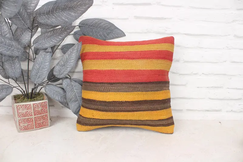 Pillow Sham, Tapestry Cushion Case, Kilim Pillow, 14x14 Yellow Cushion Cover, Vintage Pillow, Handwoven Cushion Cover, Home Decor Pillow - 1