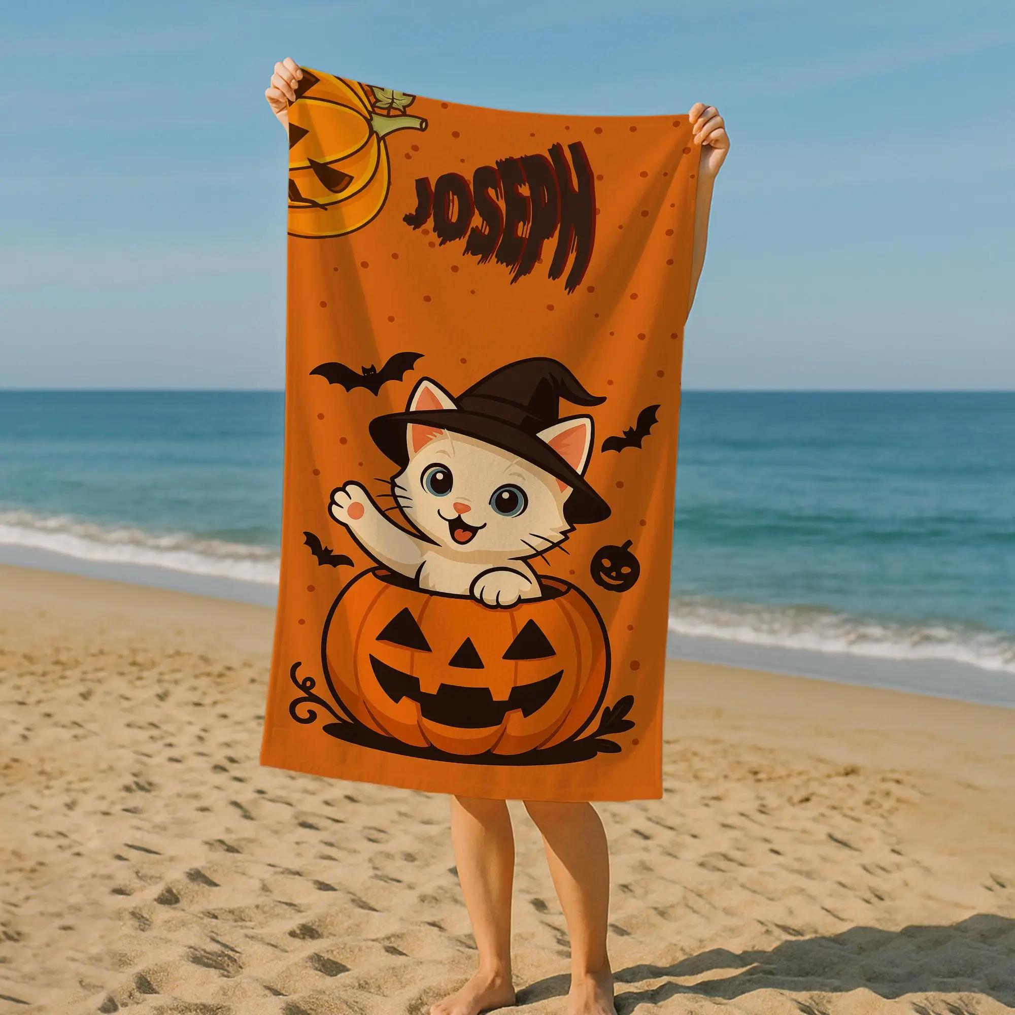 Halloween Personalized Towel Pumpkin Beach Towel Orange Black, 28x53 Inches - 1