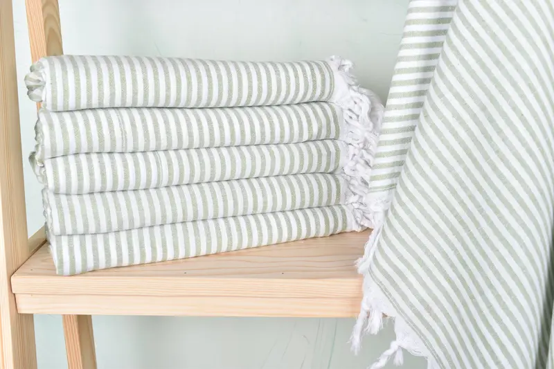 Personalized Khaki Green Striped Towel, Organic Cotton/Linen, 36x67 Inches