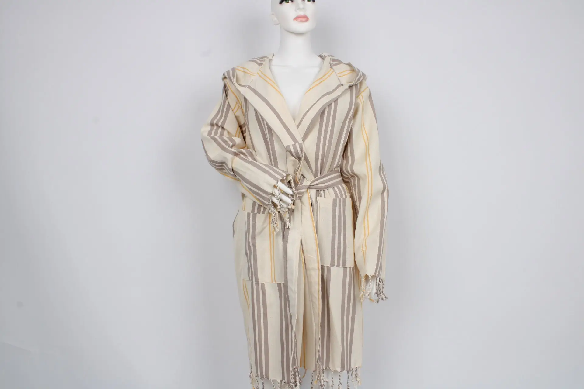 Morning Gown Turkish Towel Robe, Personalized Bathrobe, Brown, Beige, Hooded - 1