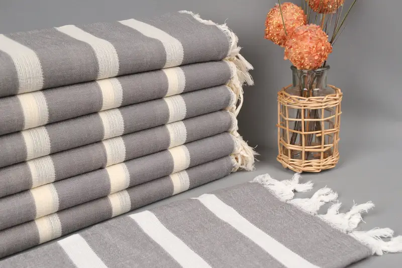 Embroidered Beach Towel, Turkish Cotton, Brown, Striped, 38x71 Inches